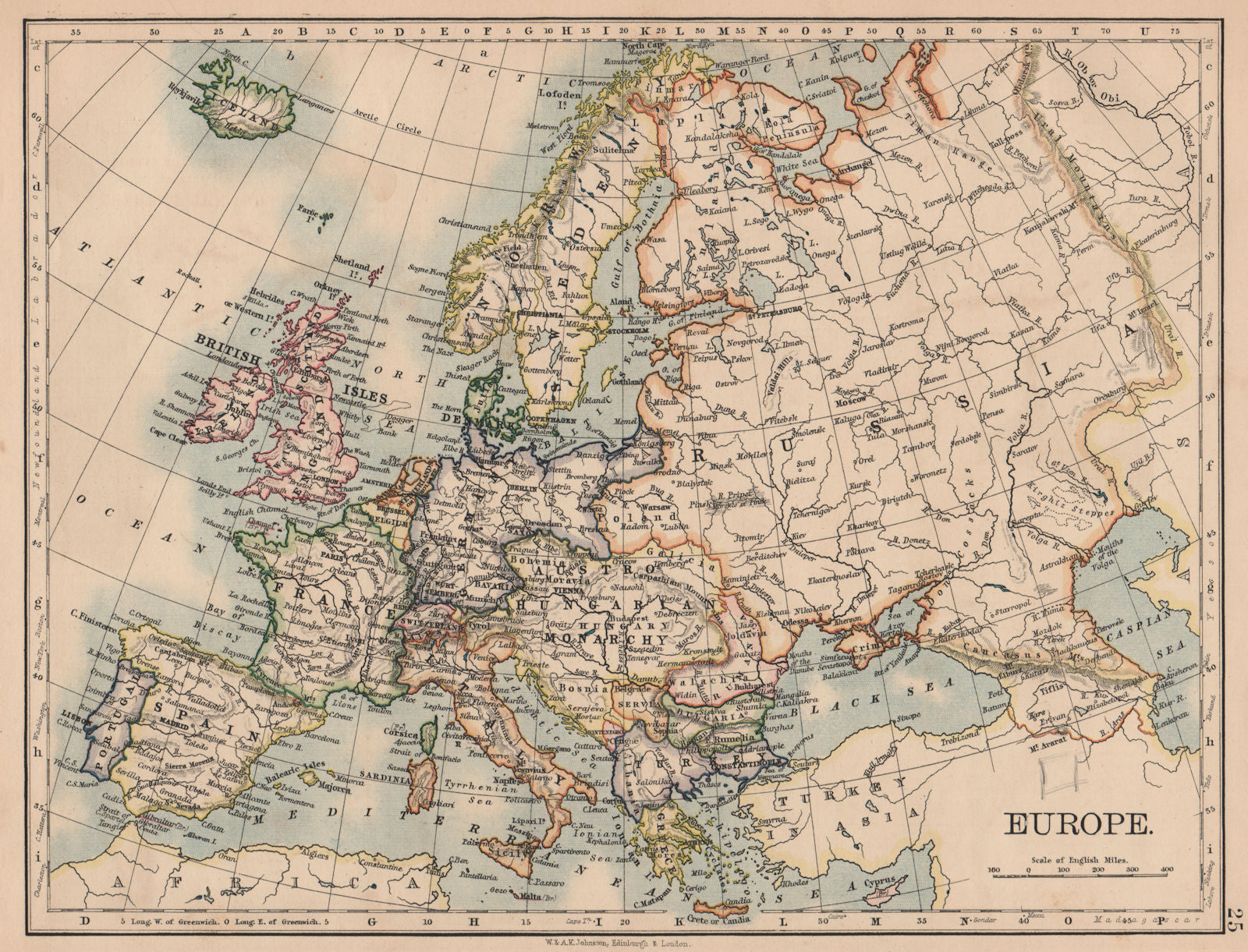 EUROPE POLITICAL. Austria-Hungary. United Sweden & Norway. JOHNSTON 1906 map